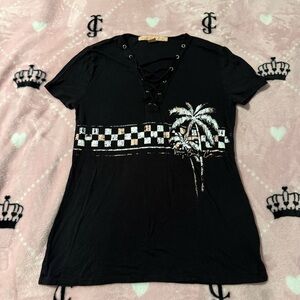Rebellious One Black Lace-Up T-Shirt Checkered Palm Tree Graphic